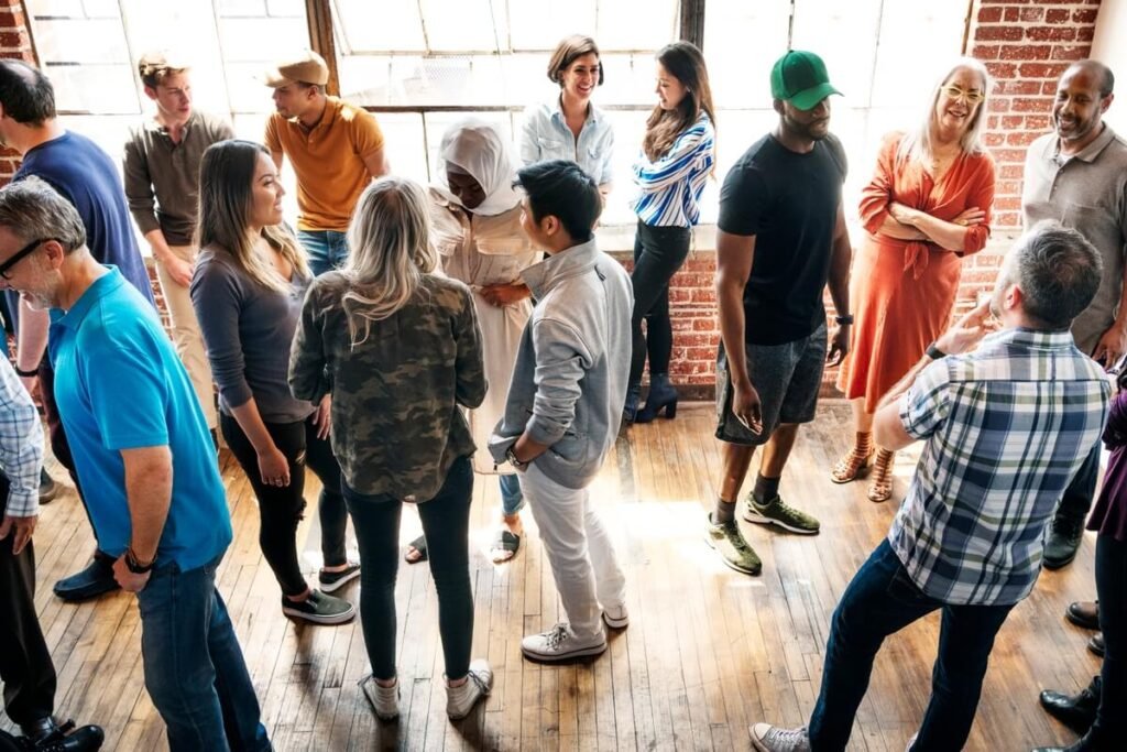 Church members interacting with visitors