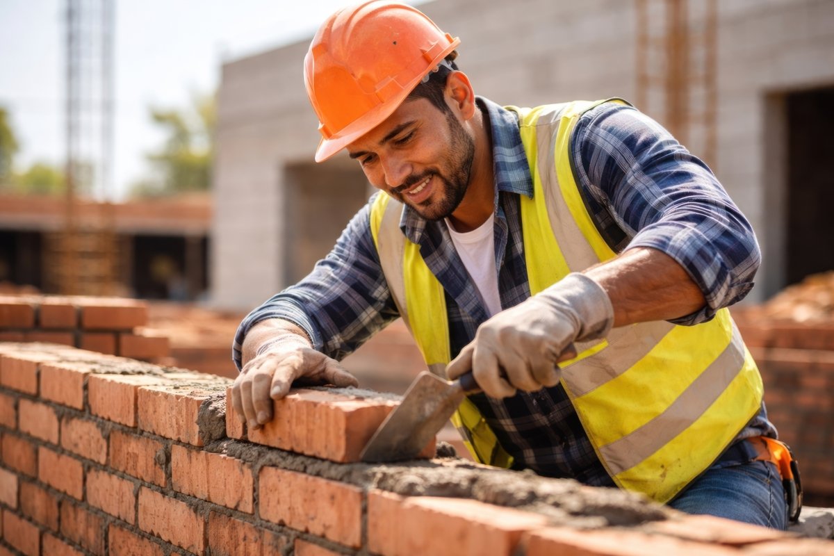Smiling bricklayer constructing wall